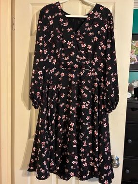 Ann Taylor Black Midi Dress with Pink & White Floral Print